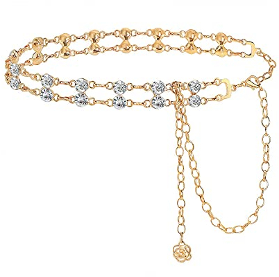 TTPSRY Doppelreihige Bauchkette mit Kristallsteinen Taillenkette Körperschmuck Glänzende Kettengürtel Hängende Rosendekoration Verstellbare Länge
