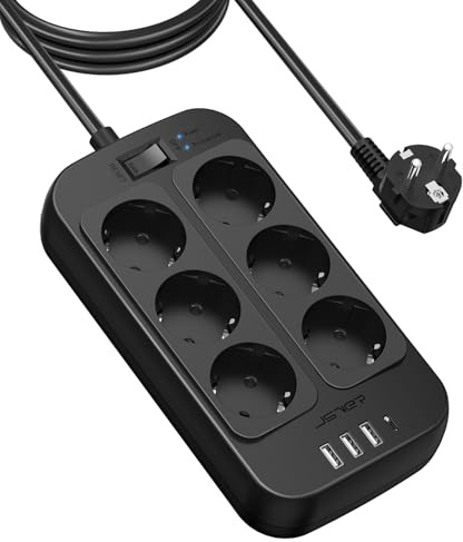 JSVER Regleta Enchufes 3M, Proteccion Sobretension con 6 Toma de Corriente y 4 USB Puertos(5V3,4A) USB Estación de Carga Inteligente USB Tomas Alargadora con Interruptor-Negro