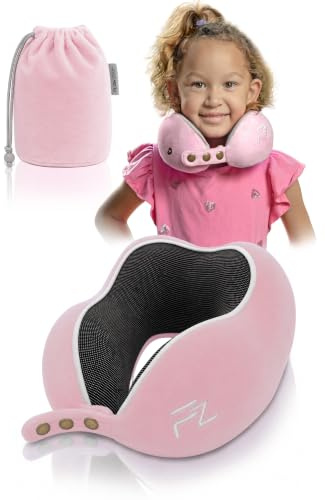 FLOWZOOM Comfy Kids Cuscino da Viaggio per Bambini – Cuscino per Auto e Aereo in Schiuma Memory con Larghezza Regolabile, Fodera Vellutata Lavabile e Sacchetto in Rete – Rosa, Taglia S (de 3 anni)