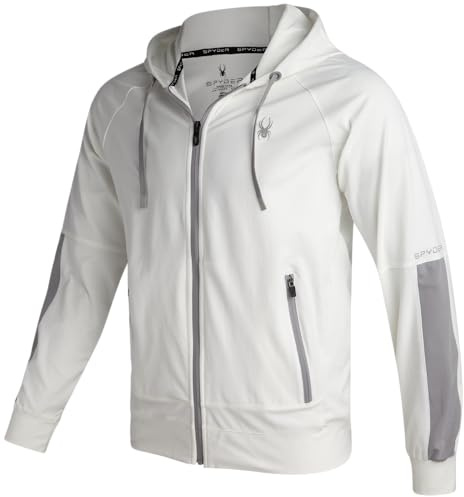 Spyder Mens Zip up Hoodie - Athletic Tech Double Knit Full Zip Gym & Workout Hoodies for Men with Side Pockets, Size Medium, White