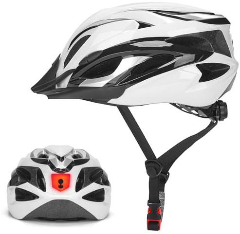 Casco de Bicicleta para Hombre y Mujer, Casco de Ciclismo con Luz para Adultos, Unisex, Casco de Bicicleta Transpirable, Casco de Ciclismo de Montaña, Casco de Carretera Ajustable de 57-62cm(Blanco)