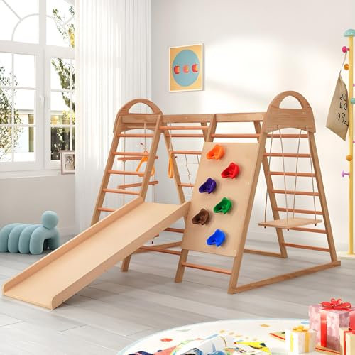 Struttura Da Arrampicata 7 in 1 per Interni,Triangolo Da Arrampicata Multifunzionale Con Altalena,Scaletta, Scivolo Con Piastra,Rete, Masso in Plastica,Anelli, Area Giochi per Cameretta Dei Bambini