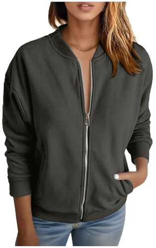 Duohropke - Sudadera bomber para mujer, chaqueta ligera de entretiempo sin capucha, manga larga, cuello alto, chaqueta bomber, chaqueta de otoño, invierno, chaqueta de piloto, estilo deportivo