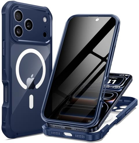 seacosmo Cover per iPhone 17 Pro Privacy Magnetica, Compatibile con Magsafe, Anti-Spy Schermo Integrata in Vetro Temperato, Protezione Fotocamera, Custodia 360 Gradi antishock Fronte Retro - Blu