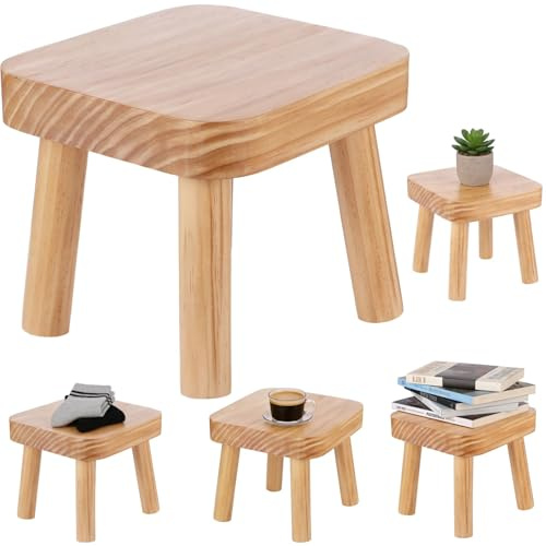 Xygobla Small Wooden Stool - Solid Wood Plant Stand Indoor, Kids Step Stool, Square Milking Stool, Portable Side Table for House Plants, Bedroom Bedside, Bathroom, Kitchen or Nursery-24x22x20cm