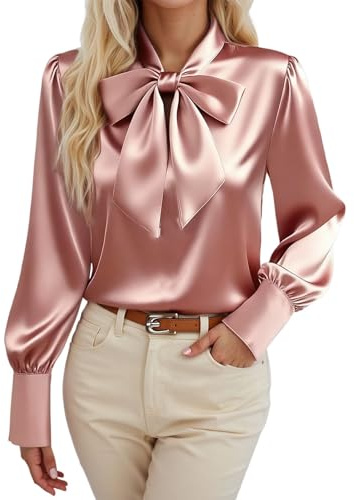 Blusa de satén para Mujer, con Lazo, Manga Larga, Cuello Alto, Brillante, para el Trabajo, Estilo Casual