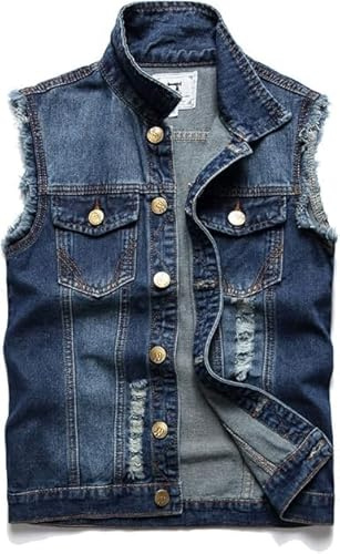 Ginsiom Men's Denim Vest,Sleeveless Jacket Slim Fit Vintage Casual Ripped Summer Jean Vest for Men