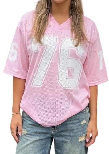 Women's Oversized Jersey Shirts Y2k V Neck Graphic Number Tees Short Sleeve Summer Casual T-Shirt Tops Streetwear (Pink, S)