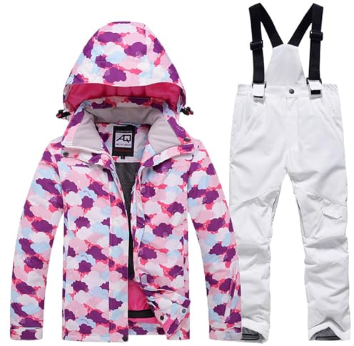 YFCH Bambini Ragazzi/Ragazze 2 Pezzi Tuta da Sci Cappuccio Antivento e Impermeabile Giacca da Sci + Pantaloni Invernali, Rosa+Fucsia, 9-10 Anni/L