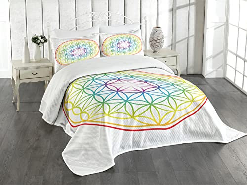 ABAKUHAUS Platz Tagesdecke Set, Leuchtende Blume des Lebens, Set mit Kissenbezügen Sommerdecke, für Einzelbetten 170 x 220 cm, Gelb Mehrfarbig