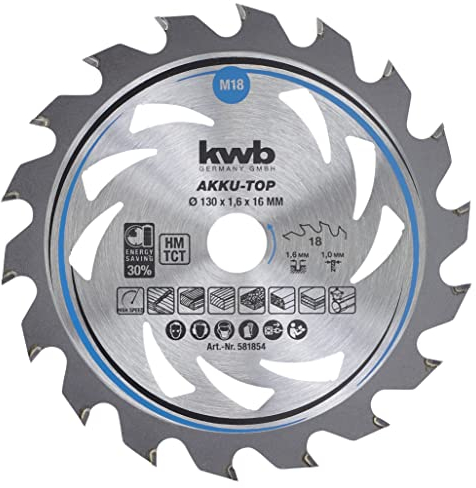 kwb Kreissägeblatt 130 x 16 mm, leichtgängig, speziell für Akkumaschinen, Sägeblatt geeignet für Weich- und Hartholz, Tischlerplatten und Spanplatten