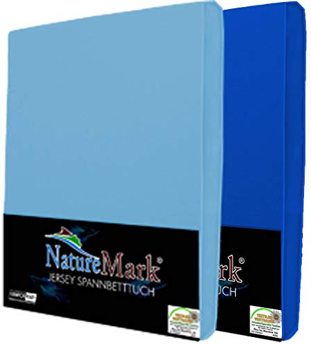 NatureMark 2er Pack Jersey Spannbettlaken, Spannbetttuch 100% Baumwolle in vielen Größen und Farben MARKENQUALITÄT ÖKOTEX Standard 100 | 140 x 200 cm - 160 x 200 cm - Hellblau/Royal