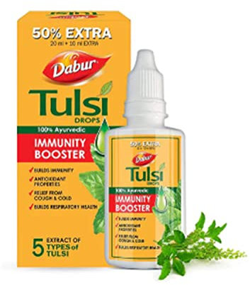 DABUR Tulsi Drops- 50% Extra: Concentrated Extract of 5 Rare Tulsi for Natural Immunity Boosting & Cough and Cold Relief: (20ml +10ml Free)