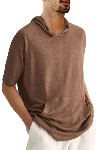 Yasiter Men's Thin Hooded T Shirt Sweatshirts Short Sleeve Cool Solid Color Pullover Hoodies with Kangaroo Pockets Brown