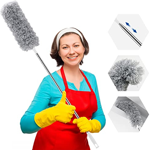 lohey Feather Duster, Reusable Bendable Washable Cobweb Duster With Extension Pole 30-100 Inch,Retractable Gap Dust Brush Cleaner Long Duster For Cleaning Cobweb High Ceiling Blinds Lights Cars