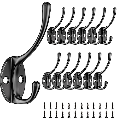 Ceisazira 12 Piezas Gancho Pared, Ganchos Percheros de Pared con Tornillos, Metal Vintage Dobles Perchas Pared, Ligero y Práctico Colgador Ropa Pared, para Dormitorio, Armario, Baño (Negro)