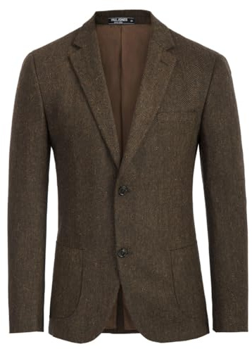 PJ Paul Jones Blazer da Uomo in Tweed Vintage Misto Lana Blazer a Spina di Pesce Due Bottoni Cappotto Sportivo, Marrone Scuro, XL