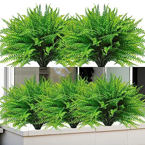 Kinisty Artificial Plants Outdoor 12 Bundles Fake Boston ferns, Plastic Greenery UV Resistant Faux Shrub Bushes for Garden Window Boxes Porch Planter Indoor Outside Decor