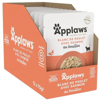 Applaws Nourriture Humide 100% Naturelle pour Chat, Poitrine de Poulet avec Saumon en Bouillon - Pack de 12 Poches de 70g