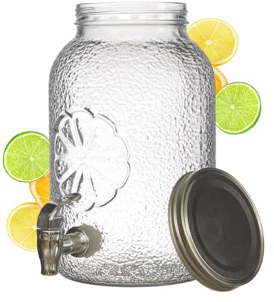 PZL CONCEPT Distributeur Boisson avec Robinet 3,8 L Citron - Fontaine à Eau et Cocktail - Bol à Punch - Jarre en Verre pour Limonades - Bonbonne - Bocal pour Sublimez vos Fêtes et Anniversaires
