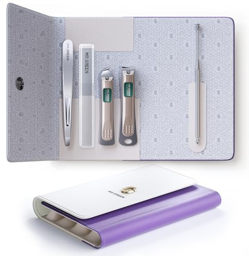 MR.GREEN Set di 5 tagliaunghie con tagliaunghie, plettro per orecchie, lima per unghie in vetro, pinzette, set professionale per manicure per uomini e donne, tagliaunghie con custodia in pelle (viola)