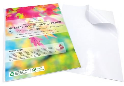 Evergreen Goods - 20 hojas de papel adhesivo fotográfico imprimible brillante A4 | Etiquetas autoadhesivas a prueba de salpicaduras de inyección de tinta y láser | Ideal para etiquetado de productos,