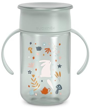 Suavinex, Tasse Apprentissage pour Bébé, avec Disque Anti-Fuite, Magic Cup Rebord Antifuite 360°, Anses Amovibles, Couvercle Hygiénique, Compatible Lave-Vaisselle, 340 ml, +12 Mois, Wonderland, Vert