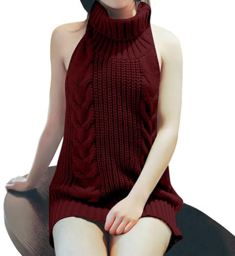 Pull Style Japonais Femme, Pull sans Manches Femme, Robe Courte DéContractéE Women, Mode Haut Col Ouvert Dos Hauts en Tricot Chandail Dossier Col Roulé Vitalité Sexy