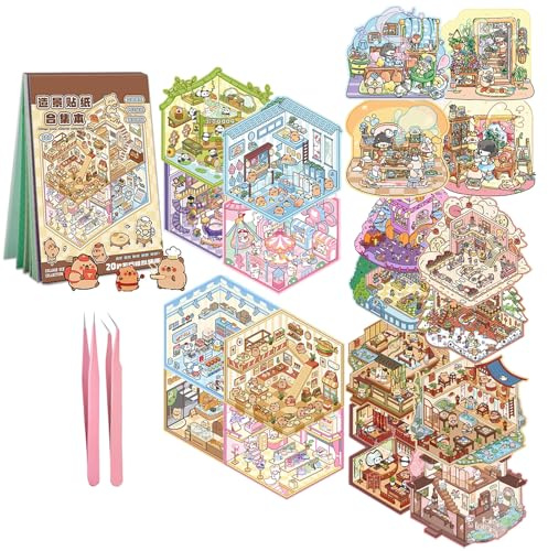 Scene Sticker Book for Kids, 20 Sets of 3D Sticker Scenes for Adults Fun Cute Kawaii Stickers 3D Miniature Scene Therapy, 3D House Stickers Kit Relief Stress Pass The Time, Holiday & Christmas Fun