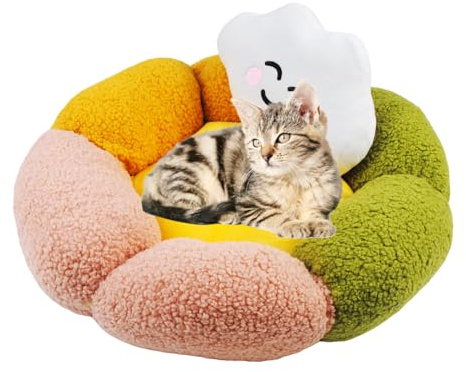MUYG Cute Flower Cat Bed for Indoor Kittens,Calming Donut Bed with Cloud Pillow Washable Fluffy Cat Sleeping Nest Anti-Slip Bottom for Small Pet Kitten