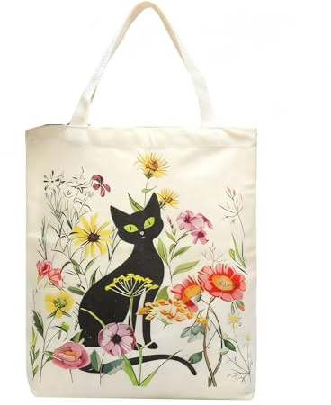 VQBKHO Bolsa de tela de algodón, bolsa de tela regalo para gatos espaciosa bolsa con gato negro y flores silvestres plegable regalo para amantes de los gatos mujer profesoras para el día a día