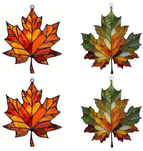 Gaodercha 4Pcs Maple Leafs Stained Acrylic Window Hanging Ornament Maple Leaf Pendant Ornament Fall Leaves Wall Decor for Home Room Office Autumn Festival Decoration
