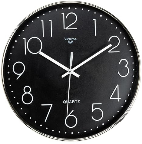 VIRTIME Orologio da parete moderno, Orologio a muro Diametro 35. silenzioso e con numeri in rilievo (Nero)