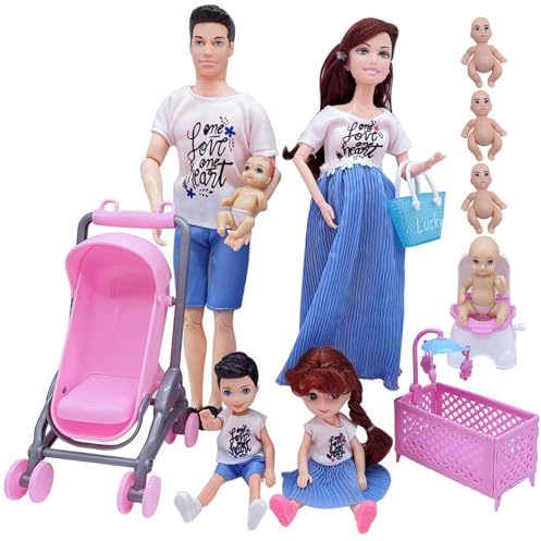 Set di bambole per famiglia, set di bambole incinte sicure con papà e 3 bambini, 5 persone con accessori per casa delle Fai finta di giocare con il giocattolo per bambini, Decorazione della c