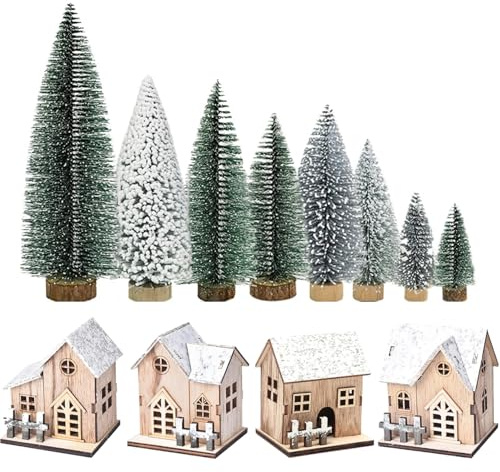 Lot de 12 Ensembles de Village Noël, 4 Maisons Noël sur Toit Blanc Neige avec 8 Arbres, Maisons Village éclairées, décoration Rustique pour la Maison, la Salle Table