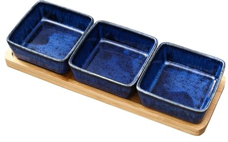 FARYODI Set di 3 ciotole con tagliere in legno, ideali per servire snack, ciotole in ceramica, piccole ciotole come ciotole per salsa, ciotole per snack, ciotole da dessert (blu marino)
