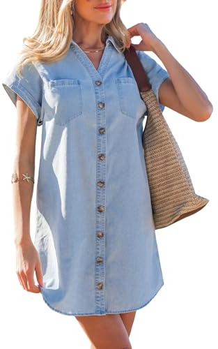 CUPSHE Robe d'été pour femme - En denim - Manches courtes - Col en V - Boutonnière - Poches sur la poitrine - Mini robe tunique