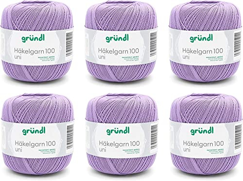 Gründl Häkelgarn 100 Uni (virkad ull, stickgarn, merceriserat bomullsgarn för virkning tillverkad av 100% bomull, 100 g/566 m, nålstorlek: 1,5-2 mm, 6 x 100 g), lila