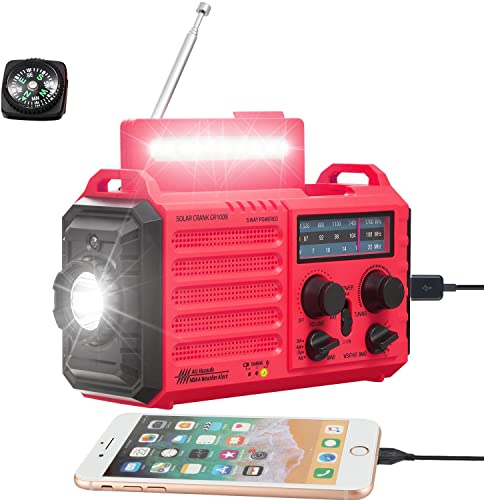 Mesqool AM/FM/SW Solar Wetter Radio, SOS-Alarm NotfallRadio, 5000mAh Akku mit Typ C, LED Taschenlampe, Lesen Lampe, Kompass, Tragbar Kurbelradio Dynamo mit Weltempfänger für Outdoor, Wandern, Haushalt