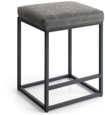 ALPHA HOME Barhocker mit Fußstütze Barstuhl ohne Lehne Grau Barhocker Pu-Leder Sitzhöhe 61cm Barstühle Rückenfreier Sitzhocker mit dickem Kissen und robustem verchromtem Metallgestell, 1PC