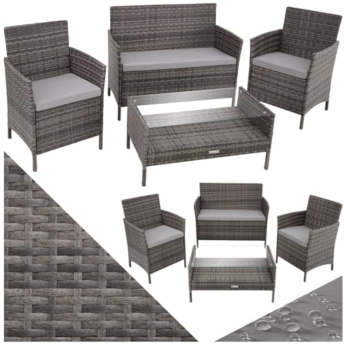 tectake® Set di Mobili da Giardino in Polyrattan, 1 Tavolino Salotto con Piano in Vetro, 1 Panca, Set Sedie con Cuscini, Rivestimenti Sfoderabili, Telaio in Acciaio - Grigio