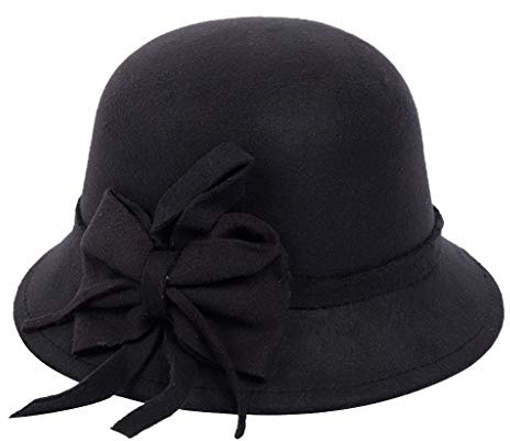 Chapeau cloche des années 1920 pour femme avec nœud en faux feutre vintage chapeau d'église élégant floppy écrasable chapeau melon classique chapeaux de fête, Noir, taille unique