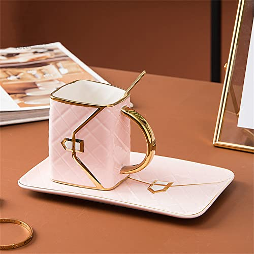 MVSR Tassen Untertassen Set Cappuccino Tassen Handtasche Styling Kaffeetassen Porzellantasse Keramische Teetasse mit Löffel, 310ml (Rosa)
