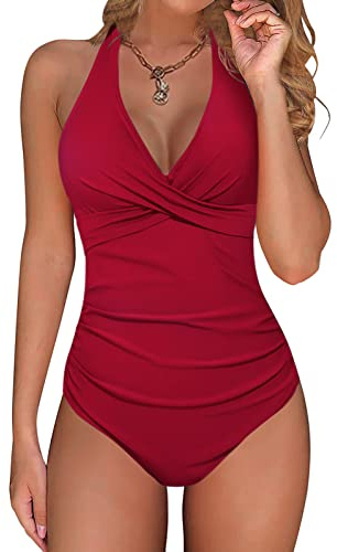 UMIPUBO Costume da Bagno Intero Donna Sexy Scollo a V Bikini Push Up Imbottito Reggiseno Curvy Costumi da Mare Donna Interi Costumi Un Pezzo Cross Spiaggia Beachwear Swimwear (Rosso, L)