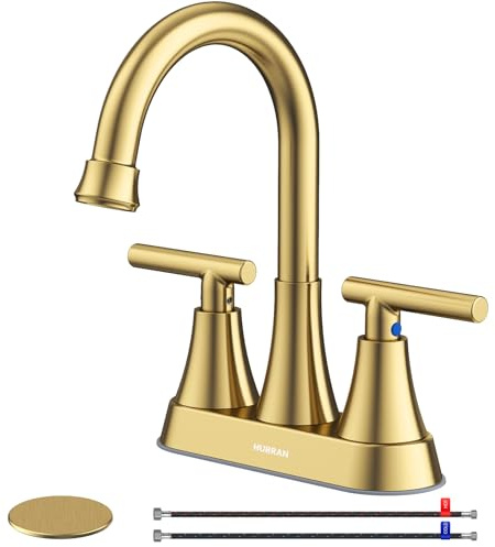 4 inch Brushed Gold Bathroom Sink Faucet with Pop-up Drain and 2 Supply Hoses, Stainless Steel Lead-Free 2-Handle Centerset Faucet for Bathroom Sink Vanity RV