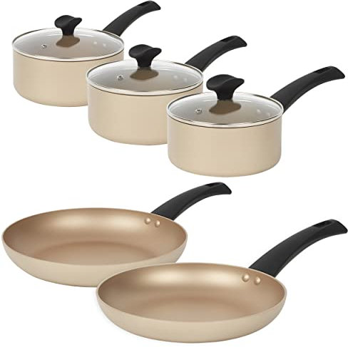 Salter COMBO-8204 Olympus 5-Piece Pan Set, 24/28 cm Fry Pans and 16/18/30 cm Saucepans, Induction Hob Fry Pan, Easy Clean Saucepans with Tempered Glass Lids, Pressed Aluminium, Gold