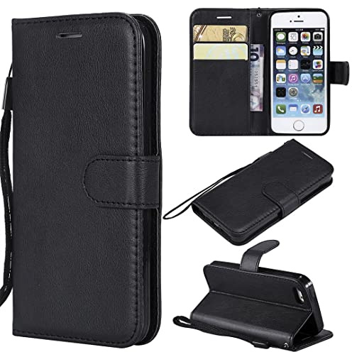 SATURCASE Coque pour Apple iPhone 5 5S SE 4.0, Classique PU Cuir Magnétique Flip Portefeuille Support Porte-carte Protecteur Housse Étui avec Dragonne pour Apple iPhone 5 5S SE 4.0 (XD-Noir)