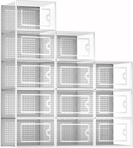 Taylor & Brown Shoe Storage Box, 12 Pack Clear Transparent Shoe Storage Boxes Hard Plastic Stackable Organiser Containers Bins, DIY Easy Assembly, Sturdy & Durable, Space Saving, White Door Frame