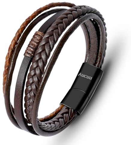 Aucuu Lederarmband für Männer, Herren Armband, Wickelarmband mit Magnet Verschluss, Geflochten Leder Armreif Schwarz | Magnetverschluss aus Edelstahl | Inklusive Schmuckschachtel |Geschenk für Männer