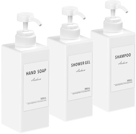 3 Pcs Dispensador de Botellas de Recargable, 500ml Dispensador Gel y Champu Ducha Contenedor de Loción con 16 Etiqueta Impermeable, para Baño, Viajes, Hoteles - Blanco